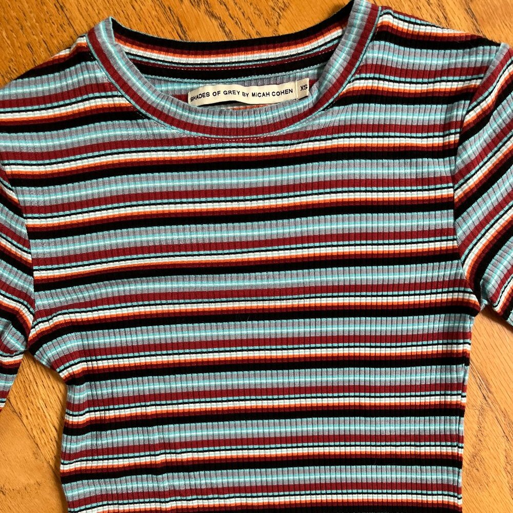 Shades of Grey by Micah Cohen Women's Blue Striped Mock Neck T-Shirt XS